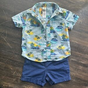 Little Me Blue Tropical Print Button Down Shirt and Carter’s Navy Blue Shorts